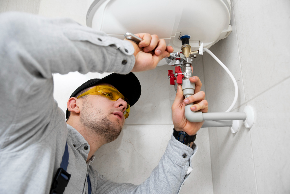 cute flower general maintenance worker repairing water heater